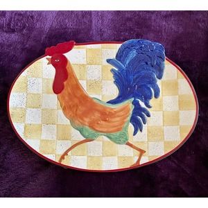 16” Checkered Rooster Ceramic Serving Platter